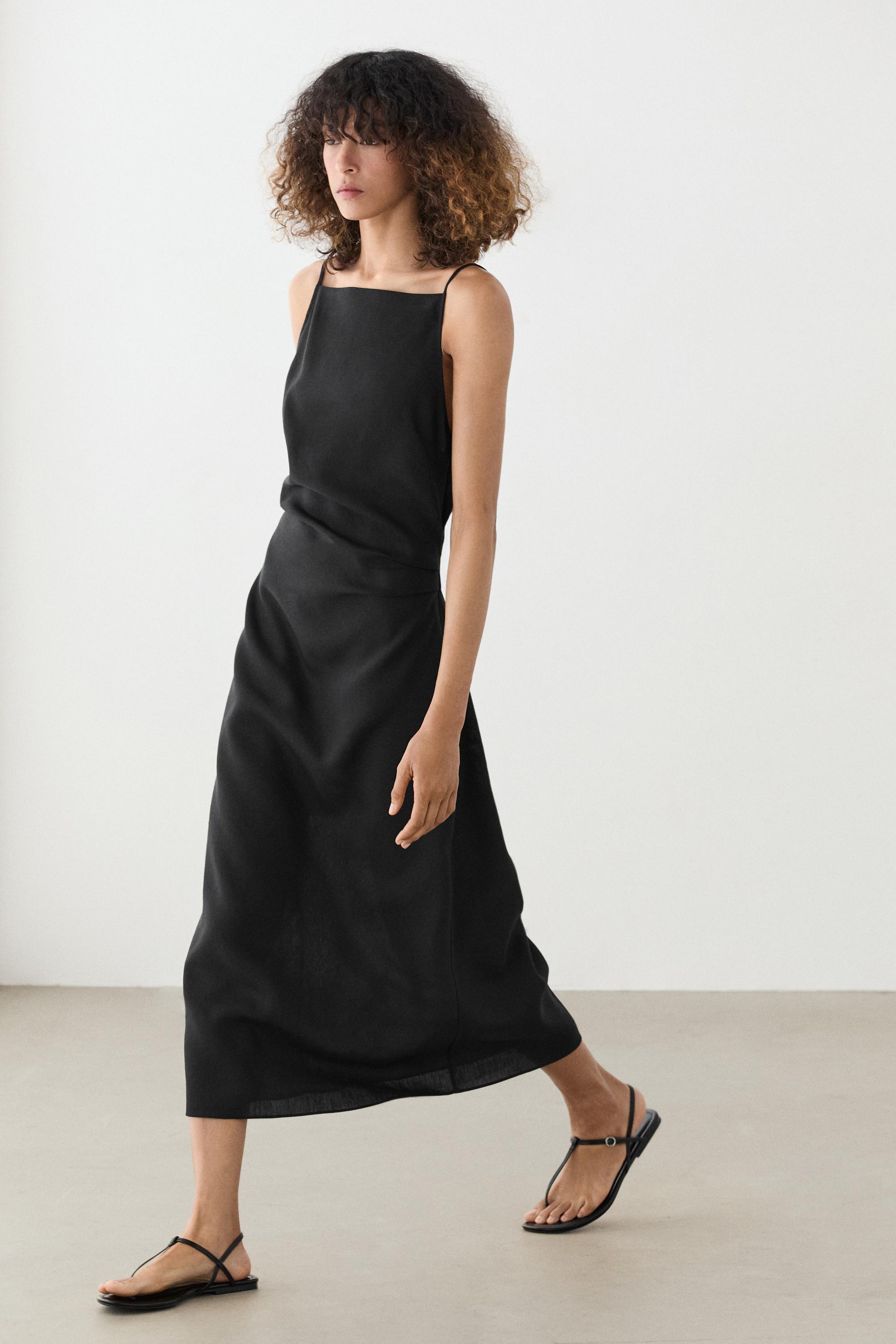 Linen blend pleated midi dress